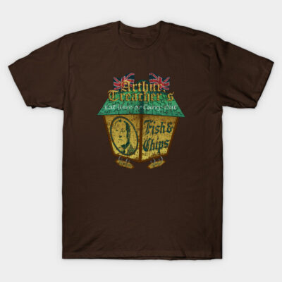 Brown vintage-style T-shirt featuring retro fish and chips graphic with text, ideal for casual wear.