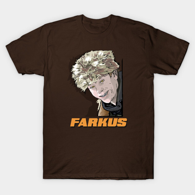 Brown graphic t-shirt with "Farkus" text, cartoon style design. Casual wear, cotton material, unisex fit.