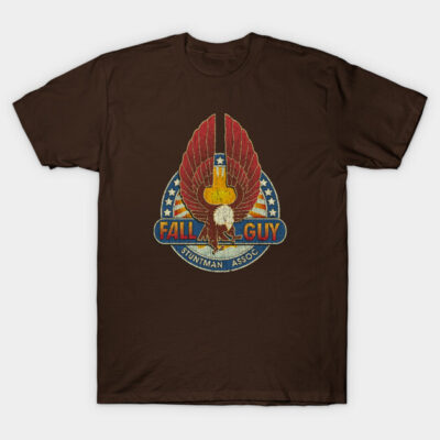Brown cotton t-shirt with vintage eagle and star print, "Fall Guy Stuntman Assoc," casual wear, unisex style.