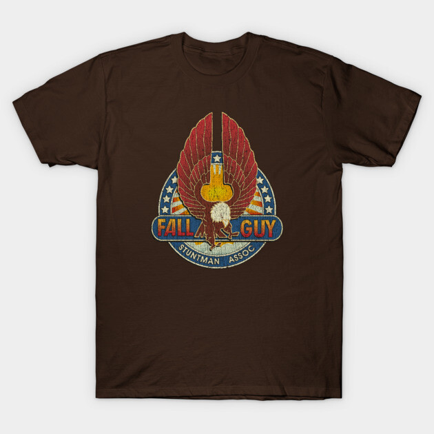 Brown cotton t-shirt with vintage eagle and star print, "Fall Guy Stuntman Assoc," casual wear, unisex style.