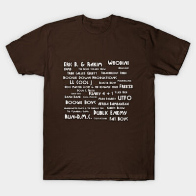 Brown graphic t-shirt featuring iconic hip-hop group names in white text, casual streetwear style.