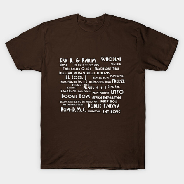 Brown graphic t-shirt featuring iconic hip-hop group names in white text, casual streetwear style.