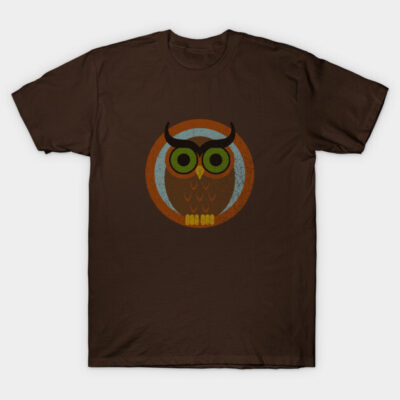Brown t-shirt with vintage owl graphic, casual style, soft cotton material, perfect for everyday wear.