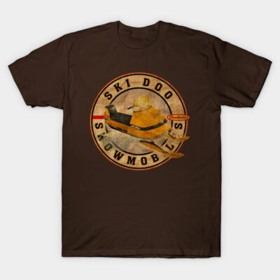 Brown vintage snowmobile graphic t-shirt, featuring "Ski Doo Snowmobiles" text, cotton material, casual style.