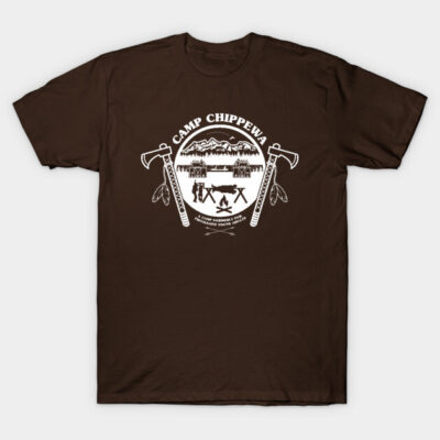 Brown "Camp Chippewa" t-shirt with white graphic design, featuring axes and camp scene, perfect for casual wear.