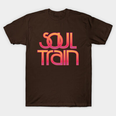 Brown t-shirt with retro "Soul Train" graphic in red and pink, casual style, cotton material, perfect for everyday wear.