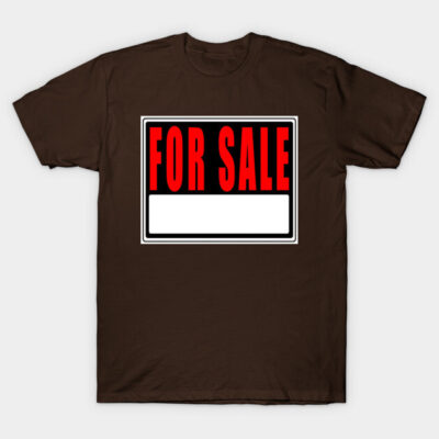 Brown cotton t-shirt with "For Sale" graphic in red and white, casual style for everyday wear.