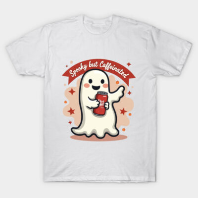 White Halloween-themed t-shirt featuring a cute ghost holding a soda can with "Spooky but Caffeinated" text.