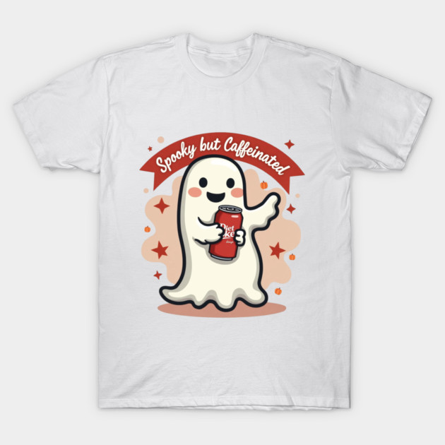 White Halloween-themed t-shirt featuring a cute ghost holding a soda can with "Spooky but Caffeinated" text.