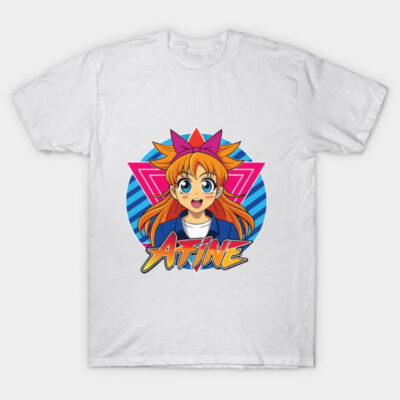 White t-shirt with colorful anime character design, featuring vibrant graphics and text, perfect for casual wear.