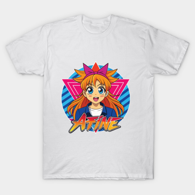White t-shirt with colorful anime character design, featuring vibrant graphics and text, perfect for casual wear.
