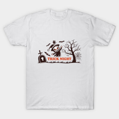 White Halloween t-shirt featuring spooky "Trick Night" design with ghost, bats, tree, and gravestone graphics.