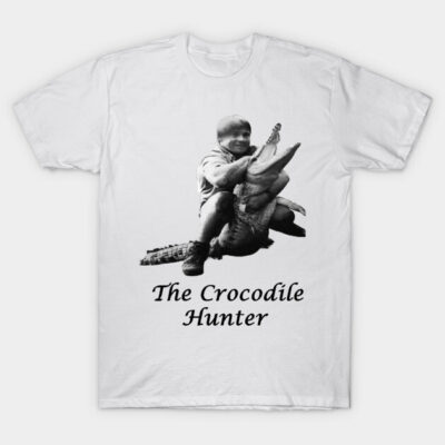 White t-shirt featuring black-and-white crocodile hunter graphic, made from soft cotton, casual wear.