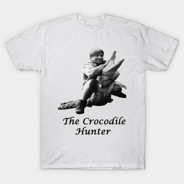 White t-shirt featuring black-and-white crocodile hunter graphic, made from soft cotton, casual wear.