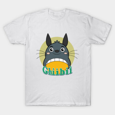 White T-shirt with cartoon graphic and "Ghibii" text, featuring a cute character design. Casual wear, cotton material.
