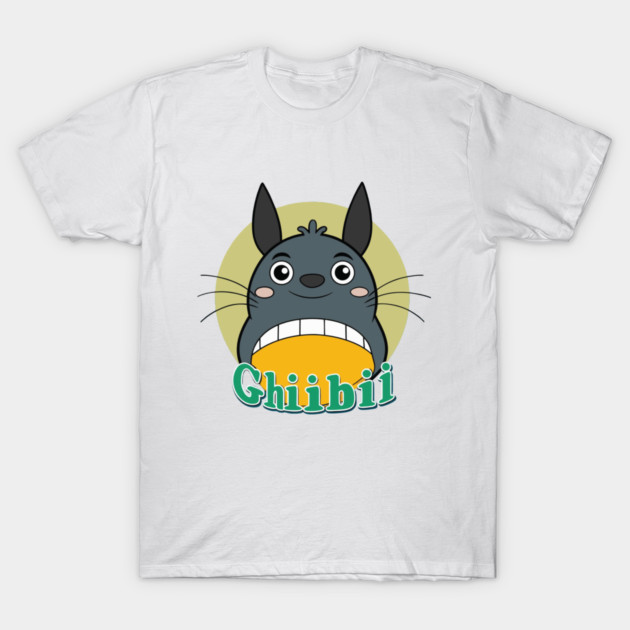 Ghiibii Totoro‑Inspired Cute Tee T-Shirt 1 White T-shirt with cartoon graphic and "Ghibii" text, featuring a cute character design. Casual wear, cotton material.