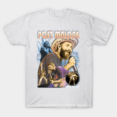 White cotton t-shirt featuring colorful graphic design with musical theme, ideal for casual wear and music enthusiasts.
