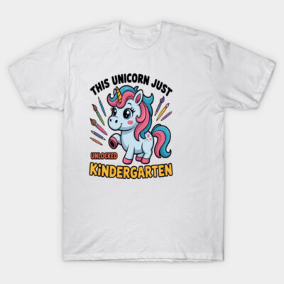 White unicorn kindergarten T-shirt, colorful design, playful style, cotton material, perfect for kids' casual wear.