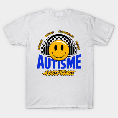 White T-shirt featuring a smiley face with headphones, promoting autism acceptance with vibrant blue and yellow text.