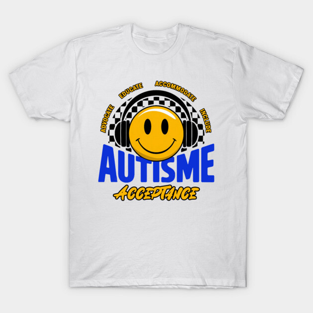 White T-shirt featuring a smiley face with headphones, promoting autism acceptance with vibrant blue and yellow text.
