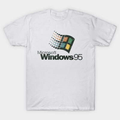 White t-shirt with vintage Windows 95 logo, casual style, retro tech-themed apparel for everyday wear.