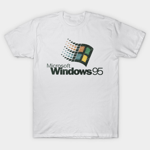 White t-shirt with vintage Windows 95 logo, casual style, retro tech-themed apparel for everyday wear.