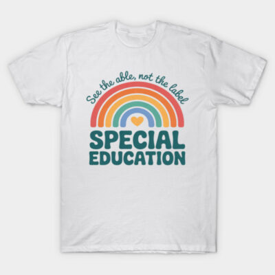 White t-shirt with colorful rainbow design and "Special Education" text, made of soft cotton, casual wear.