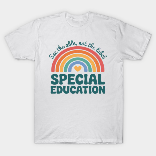 White t-shirt with colorful rainbow design and "Special Education" text, made of soft cotton, casual wear.