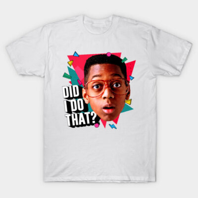 White cotton T-shirt featuring colorful geometric design and text "Did I Do That?" Perfect for casual wear.
