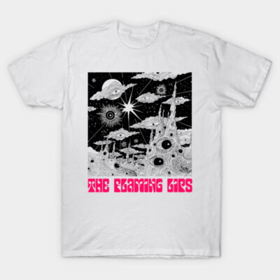 White graphic t-shirt with cosmic black and white design, featuring bold pink text. Perfect for casual wear.