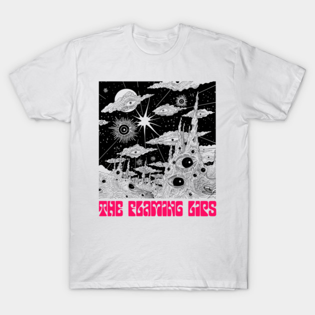 White graphic t-shirt with cosmic black and white design, featuring bold pink text. Perfect for casual wear.