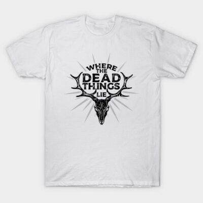 White cotton t-shirt with black antler skull design and "Where the Dead Things Lie" text, casual wear.