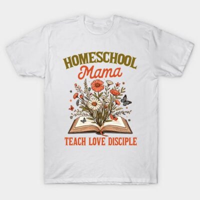 White "Homeschool Mama" T-shirt with floral and book design, cotton material, casual style for daily wear.