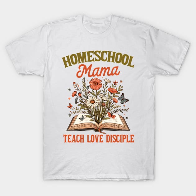 White "Homeschool Mama" T-shirt with floral and book design, cotton material, casual style for daily wear.