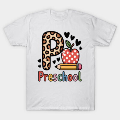 White preschool T-shirt with leopard print 'P', apple, pencil, and colorful text. Casual kids' apparel.