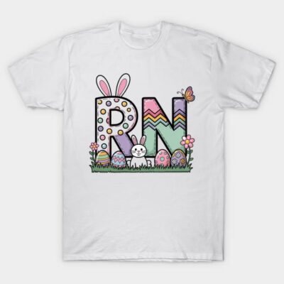 White t-shirt with colorful Easter-themed RN design, featuring bunny, eggs, and flowers, perfect for spring celebrations.