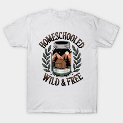 White t-shirt with "Homeschooled Wild & Free" design, featuring cabin and nature graphic. Casual, comfortable cotton wear.