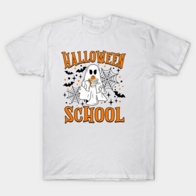 White Halloween School t-shirt with ghost, bat, and cobweb design, perfect for festive celebrations and casual wear.