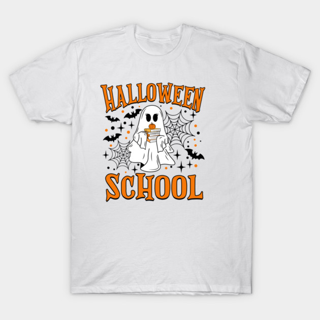 White Halloween School t-shirt with ghost, bat, and cobweb design, perfect for festive celebrations and casual wear.