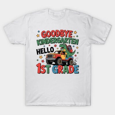 White children's t-shirt with colorful dinosaur graphic, "Goodbye Kindergarten, Hello 1st Grade," perfect for school.
