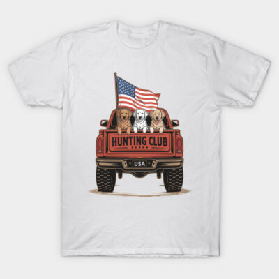 White t-shirt with "Hunting Club" truck graphic, featuring dogs and American flag. Casual, comfortable cotton tee.