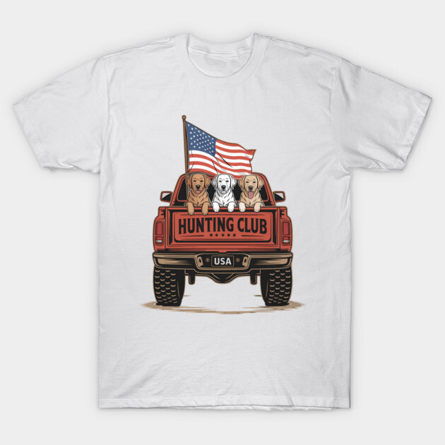 White t-shirt with "Hunting Club" truck graphic, featuring dogs and American flag. Casual, comfortable cotton tee.