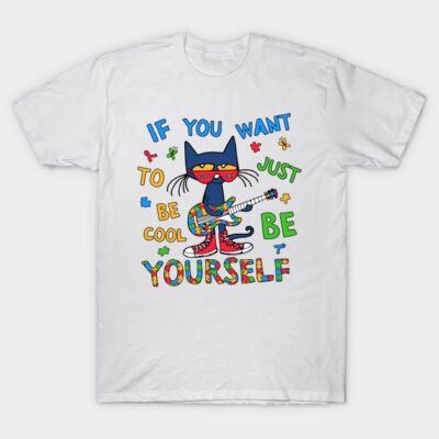 White t-shirt featuring colorful cat graphic with guitar and playful text, perfect for casual wear and self-expression.