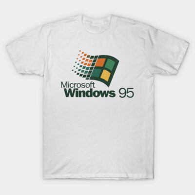 White T-shirt with retro Windows 95 logo, casual style, cotton material, unisex design, perfect for tech enthusiasts.