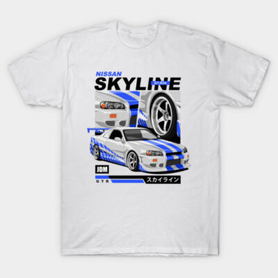 White t-shirt featuring blue and gray Nissan Skyline graphic design, ideal for car enthusiasts, made of cotton.