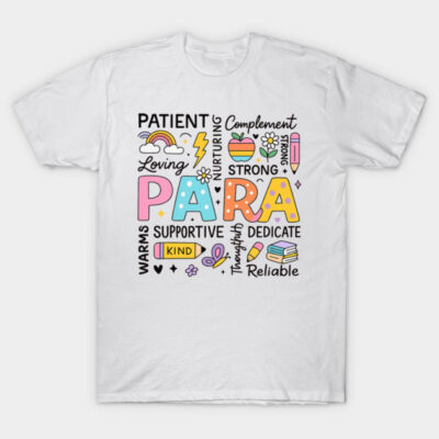 White T-shirt with colorful "PARA" design, featuring positive words and icons. Casual style, cotton material.