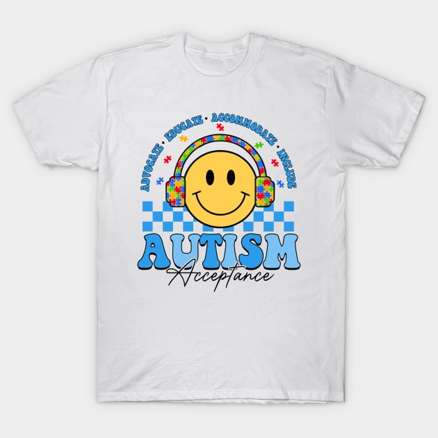White autism acceptance t-shirt with smiley face and colorful headphones design, promotes advocacy and inclusion.