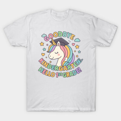 White t-shirt with colorful unicorn graphic, "Goodbye Kindergarten, Hello 1st Grade" design, perfect for kids' school transition.
