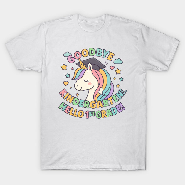 White t-shirt with colorful unicorn graphic, "Goodbye Kindergarten, Hello 1st Grade" design, perfect for kids' school transition.