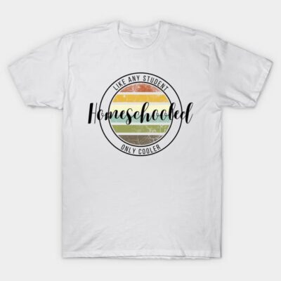White T-shirt with "Homeschooled" text, retro sunset graphic, casual style, perfect for homeschool enthusiasts.